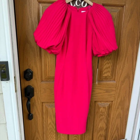 NWT Calvin Klein Hot Pink Pleated Puff Sleeve Dress Size 2 - Picture 11 of 15
